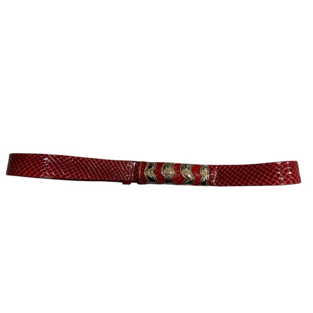 $495 JUDITH LIEBER for SAKS FIFTH AVENUE Red Snakeskin Belt with Gold Hardware - Picture 3 of 5